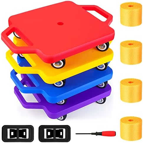 4 Pack Sports Scooter Board with Handles, Floor Scooter Board Sitting Scooter Board with Non-Marring Plastic Casters for Kids Children Gym Indoor Outdoor Activities Play Equipment, 12 Inches