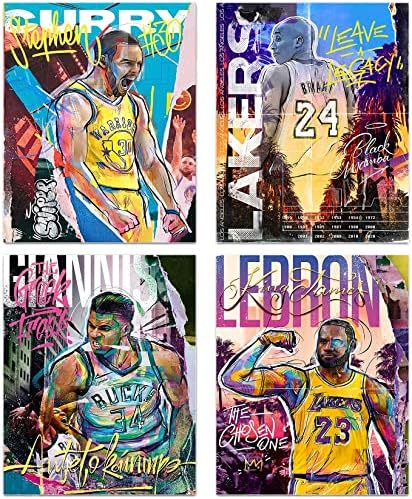 NIIORTY Basketball Stars Wall Art, Graffiti Basketball Art Prints, Stephen Curry Giannis Antetokounmpo Canvas Motivational Posters for Boy's Room Man Cave Home Decor, 4-Set (8