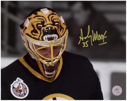 Authentic Andy Moog Autographed Bruins Mask Photo