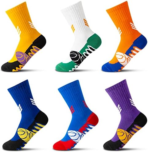 ELUTONG Boys Basketball Socks 6 Pairs Athletic Outdoor Sports Soccer Hiking Training Long Socks,Multicolor