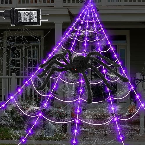 Spider Web Lights Halloween Decorations Outdoor, 135 Purple LED Light Up 16.4Ft Giant White Spiderweb & 60