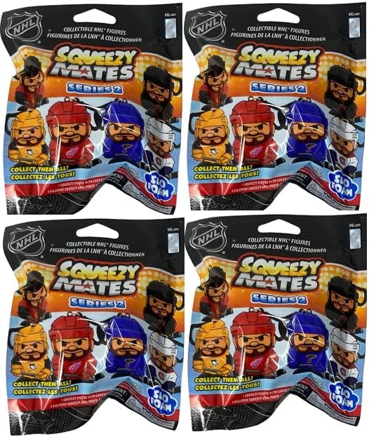 Party Animal - 4 Pack Bundle - Squeezymates NHL Hockey Series 2 Mystery Blind Pack Bag Figure Slofoam Keychain Multicolor