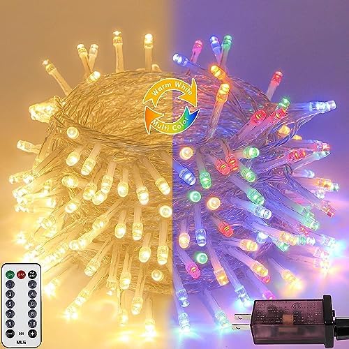KAQ Multicolor to Warm White Color Changing 300 LED 115FT Christmas String Lights for Outdoor&Indoor, 11 Modes Christmas Tree Clear Wire Fairy Waterproof Lights with Memory Function & Remote & Timer