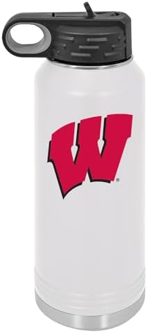 University of Wisconsin 32oz Stainless Steel Double Walled White Beverage Bottle with Flip Straw Spout - College Gear for Playoff Season – For Office, Home or Auto – Show your Badgers Pride