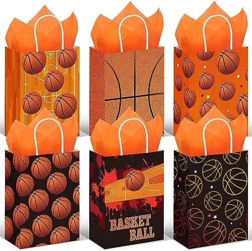 Aoriher 24 Pcs Basketball Party Favors Gift Bags with Tissue Paper, Basketball Goodie Treats Bags Basketball Theme Candy Paper Bags for Birthday Party Supplies Kids Boys Girls (Basketball)