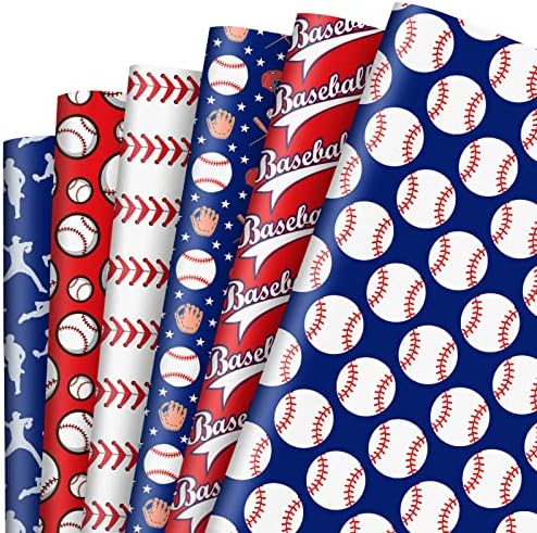 AnyDesign 12 Sheet Baseball Wrapping Paper Red Blue White Sports Gift Wrap Paper Bulk Folded Flat Baseball Print Art Paper for Baseball Theme Birthday Party DIY Crafts Gift Wrapping, 19.7 x 27.6 Inch
