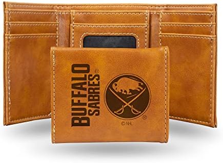 Rico Industries NHL Buffalo Sabres Premium Laser Engraved Vegan Brown Leather Tri-fold Wallet - Slim yet Sturdy Design - Perfect to Show Your Team Pride or Gift