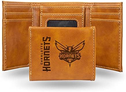 Rico Industries NBA Charlotte Hornets Men’s Trifold Brown Wallet - Premium 9 Pocket Laser-Engraved Team Logo on Vegan Leather - Minimalist Design, ID Window, Credit Card Holder - Ideal Men’s Gift