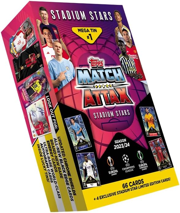 Topps Match Attax 23/24 - Mega Random Tin - Contains 66 Match Attax Cards Plus 4 Exclusive Stadium Stars Limited Edition Cards