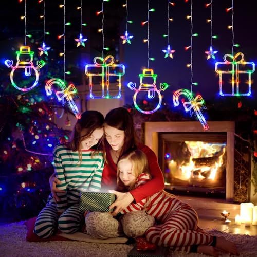 LOLStar Christmas Window Lights, 180 LED Multi-Color Hanging Christmas Party Decorations, Snowman Candy cane and Gift Box, Indoor String Lights Connectable 8 Flashing Modes Curtain Lights for New Year