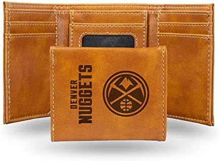 Rico Industries NBA Denver Nuggets Men’s Trifold Brown Wallet - Premium 9 Pocket Laser-Engraved Team Logo on Vegan Leather - Minimalist Design, ID Window, Credit Card Holder - Ideal Men’s Gift
