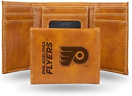 Rico Industries NHL Philadelphia Flyers Premium Laser Engraved Vegan Brown Leather Tri-fold Wallet - Slim yet Sturdy Design - Perfect to Show Your Team Pride or Gift
