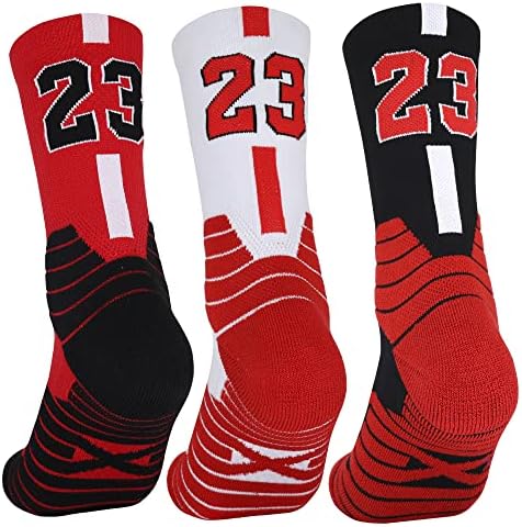 NIUNEW 3 Pairs Basketball Socks,Athletic Running Socks Compression Cushion Sports Socks for Men Boys & Women (One Size, MJ #23 3Pairs)