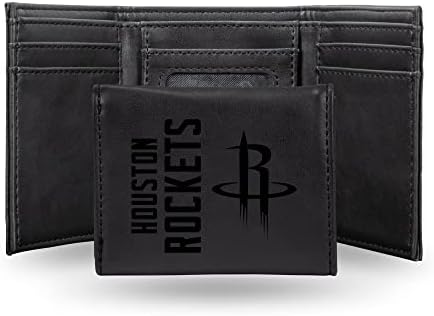 NBA Houston Rockets Men’s Trifold Black Wallet - Premium 9 Pocket Laser-Engraved Team Logo on Vegan Leather - Minimalist Design, ID Window, Credit Card Holder - Ideal Men’s Gift