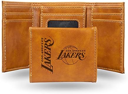 Rico Industries NBA Los Angeles Lakers Men’s Trifold Brown Wallet - Premium 9 Pocket Laser-Engraved Team Logo on Vegan Leather - Minimalist Design, ID Window, Credit Card Holder - Ideal Men’s Gift