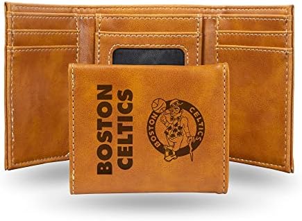 Rico Industries NBA Boston Celtics Men’s Trifold Brown Wallet - Premium 9 Pocket Laser-Engraved Team Logo on Vegan Leather - Minimalist Design, ID Window, Credit Card Holder - Ideal Men’s Gift