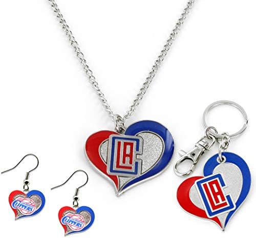 NBA Los Angeles Clippers Swirl Heart Collection Stainless Steel Keychain, Earings and Necklace Gift Bundle