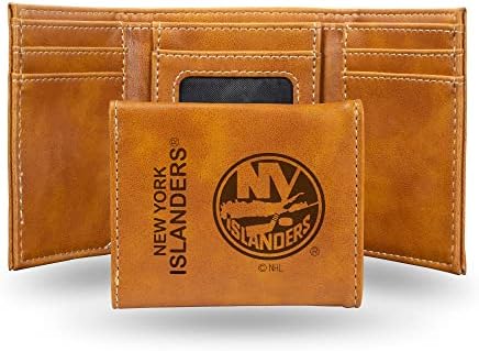 Rico Industries NHL New York Islanders Premium Laser Engraved Vegan Brown Leather Tri-fold Wallet - Slim yet Sturdy Design - Perfect to Show Your Team Pride or Gift