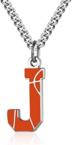 AIAINAGI Basketball Initial A-Z Letter Necklace for Boys Basketball Charm Pendant Stainless Steel Silver Chain 22 inch Personalized Basketball Gift for Men Women Girls