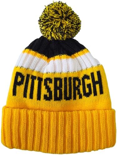Pittsburgh City Beanie Knit Hat with Pom Winter Cuffed Cap Sport Fans Gift for Men Women