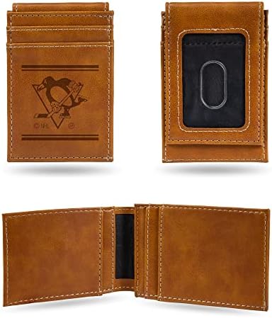 Rico Industries NHL Pittsburgh Penguins Premium Laser Engraved Vegan Brown Leather Front Pocket Wallet - Compact and Slim yet Sturdy Design - Perfect to Show Your Team Pride or Gift