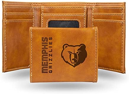 Rico Industries NBA Memphis Grizzlies Men’s Trifold Brown Wallet - Premium 9 Pocket Laser-Engraved Team Logo on Vegan Leather - Minimalist Design, ID Window, Credit Card Holder - Ideal Men’s Gift
