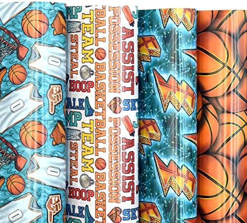 FIEHALA Flat Wrapping Paper Sheets - 12 Sheets with 4 Basketball Patterns-For Boys Men - Pre cut & Folded Flat Design (20 inch × 27.5 inch per sheet)