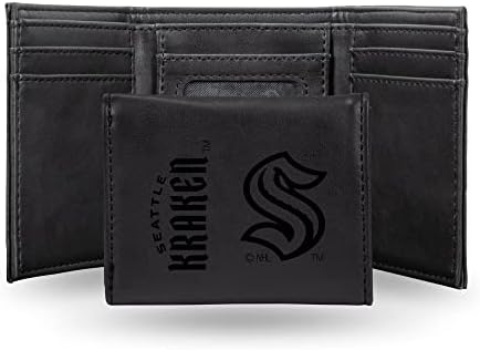 Rico Industries NHL Seattle Kraken Premium Laser Engraved Vegan Black Leather Tri-fold Wallet - Slim yet Sturdy Design - Perfect to Show Your Team Pride or Gift