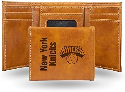 Rico Industries NBA New York Knicks Men’s Trifold Brown Wallet - Premium 9 Pocket Laser-Engraved Team Logo on Vegan Leather - Minimalist Design, ID Window, Credit Card Holder - Ideal Men’s Gift