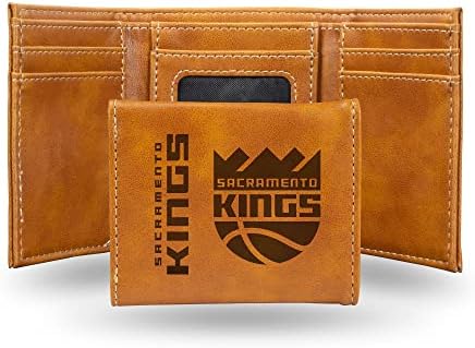 Rico Industries NBA Sacramento Kings Men’s Trifold Brown Wallet - Premium 9 Pocket Laser-Engraved Team Logo on Vegan Leather - Minimalist Design, ID Window, Credit Card Holder - Ideal Men’s Gift