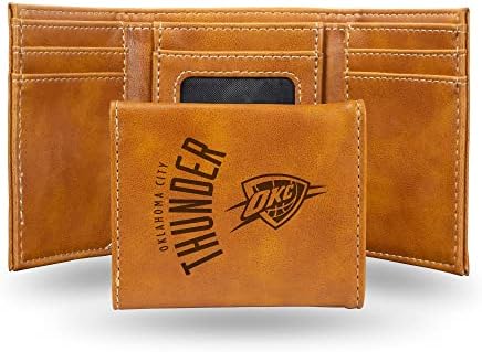 Rico Industries NBA Oklahoma City Thunder Men’s Trifold Brown Wallet - Premium 9 Pocket Laser-Engraved Team Logo on Vegan Leather - Minimalist Design, ID Window, Credit Card Holder - Ideal Men’s Gift
