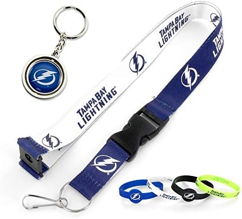 NHL Tampa Bay Lightning Reversable Team Lanyard, Silicone Rubber Bracelets 4-Pack and Spinning Keychain Gift Bundle