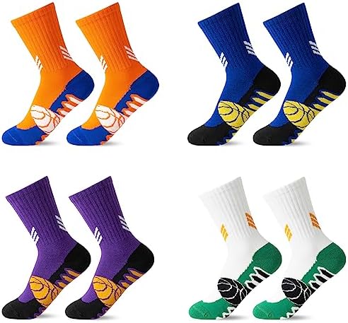 Tphon Basketball Socks for Kids Boys Cushioned Sports Training Sock Soccer Athletic Crew Socks for Youth 4 Pairs