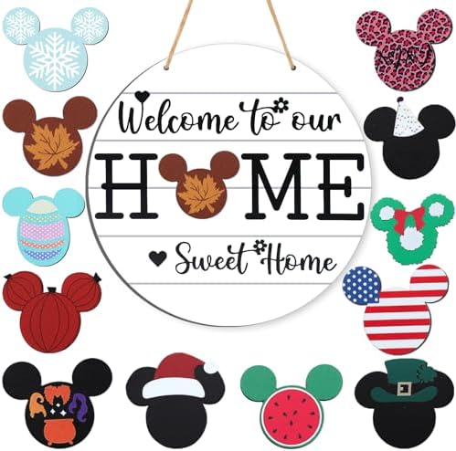 BDUSXYZ Interchangeable Welcome Sign Seasonal Front Door Sign Farmhouse Wall Décor with 12 Icons, Door Hanger for Christmas (White)